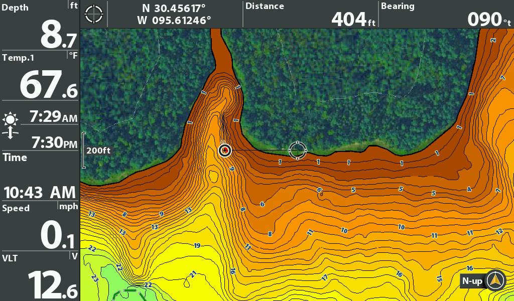 "Marine navigation display showing detailed topographic map with contour lines, depth measurement, and GPS coordinates"