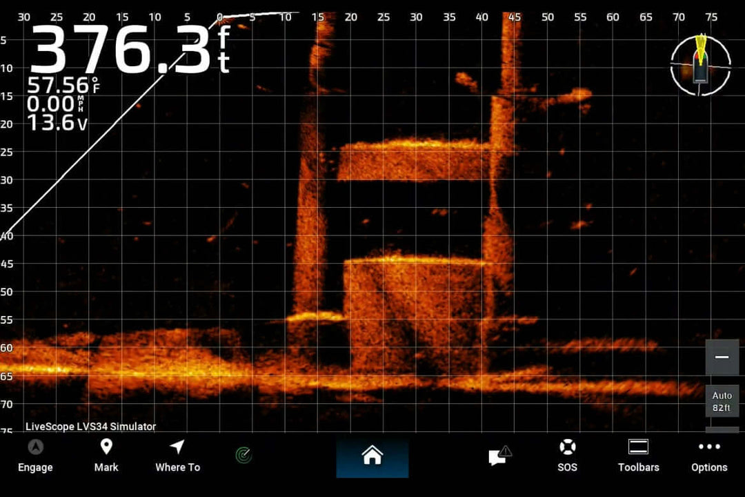 "Fishing sonar screen displaying underwater structure at 376.3 feet depth with temperature and voltage readings."