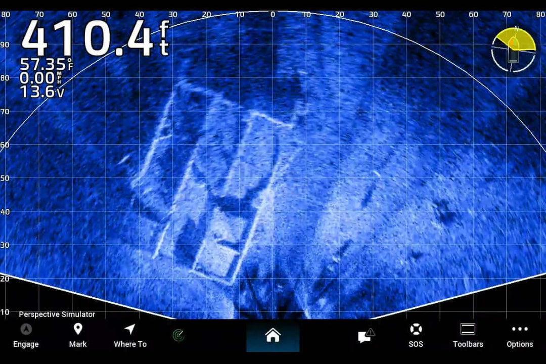Sonar image displaying underwater object at 410.4 feet, with grid overlay and navigation options visible on screen.