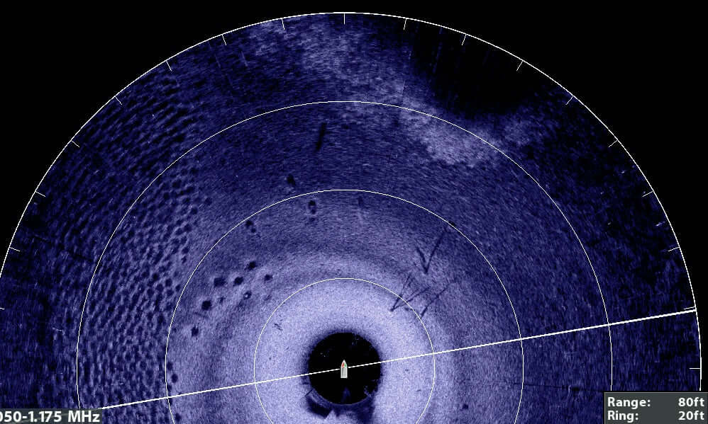 Sonar imaging displaying underwater features with a marked scale, showing a range of 80 feet and ring intervals of 20 feet.