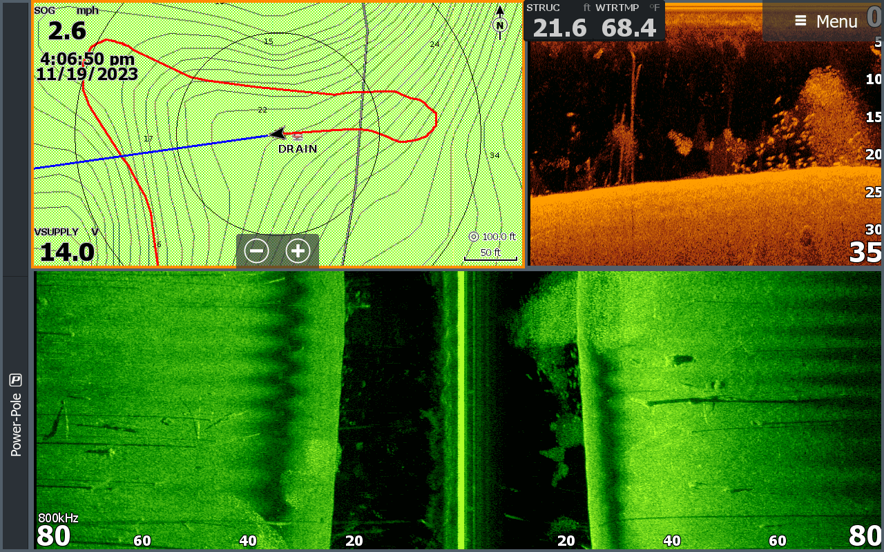 "Sonar display showing underwater structure and topographic map for navigation on November 19, 2023"