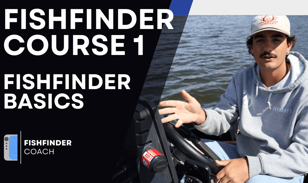Promotional image for Fishfinder Basics Course featuring a man sitting in a boat with a fishfinder device, with text overlay indicating the course name and brand.