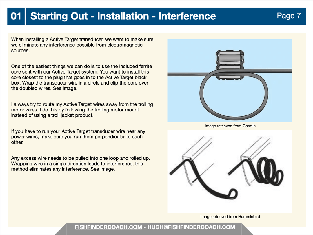 "Active Target transducer installation guide showing cable management to eliminate interference."