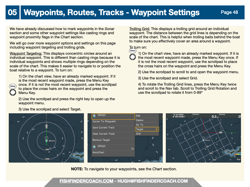 "Guide on setting waypoints, routes, and tracks for navigation on a fishing sonar system with visual instructions and tips."