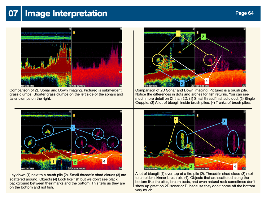 "Image interpretation of sonar and down imaging with annotations showing brush piles, grass clumps, and fish detection patterns."