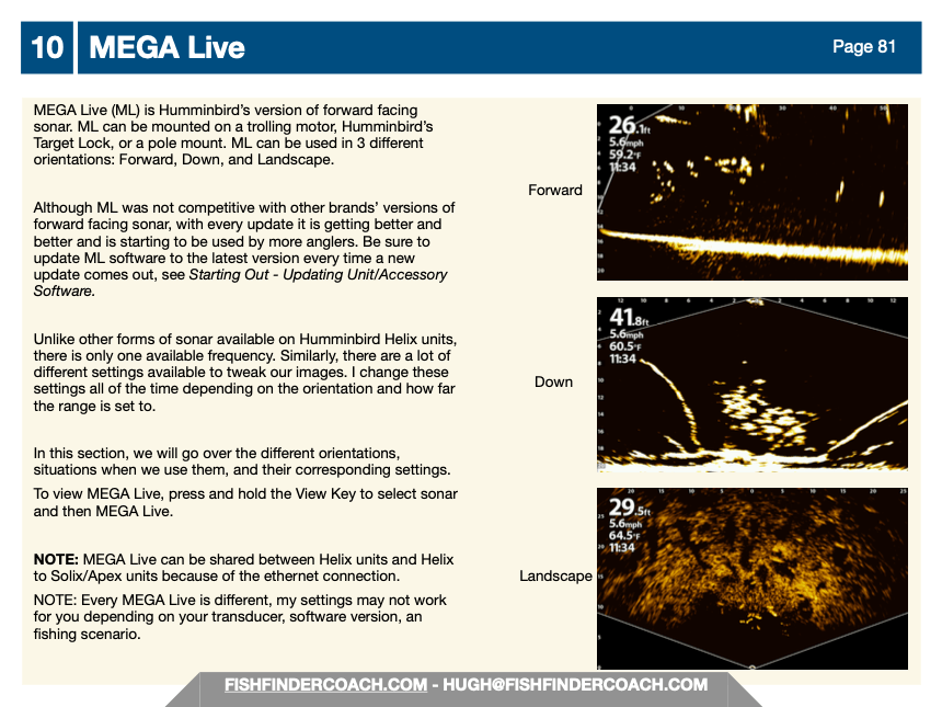 "Humminbird MEGA Live sonar orientations guide with images and descriptions, showcasing forward, down, and landscape views."