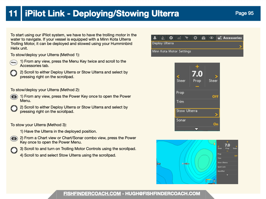 Instructions for deploying and stowing Minn Kota Ulterra using iPilot Link with screenshots of motor settings and GPS controls.