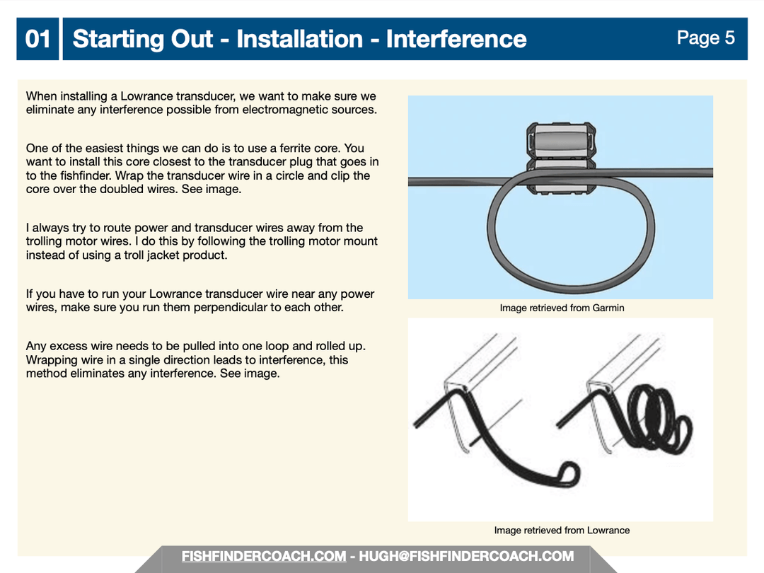 "Installation tips for Lowrance transducer with interference reduction guide using ferrite core and proper wiring techniques."