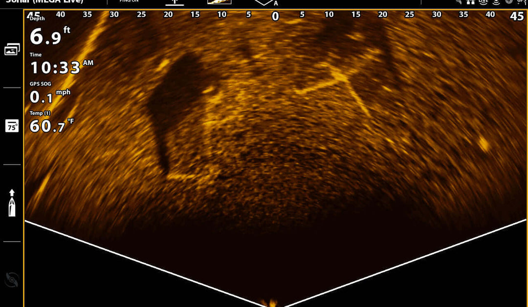 Sonar image displaying underwater terrain details with depth, time, GPS, and temperature readings on a digital screen.