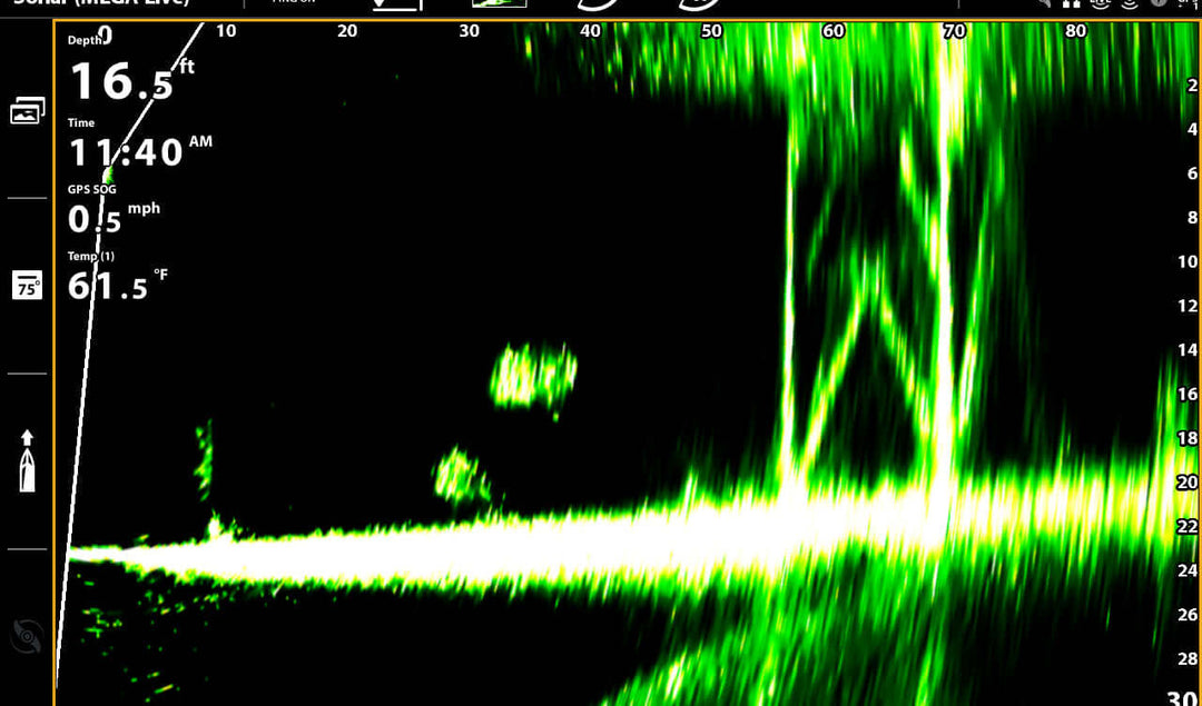 Bright sonar screen display showing underwater structures and depths, with data on speed, temperature, and time.