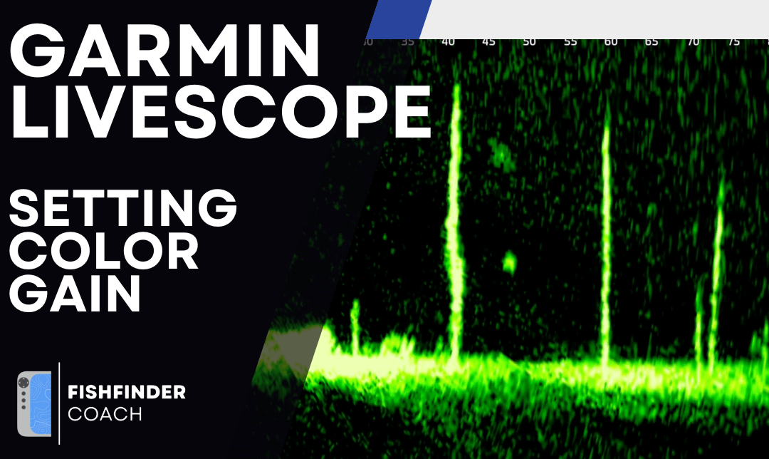 Garmin LiveScope color gain settings guide with sonar display and Fishfinder Coach logo