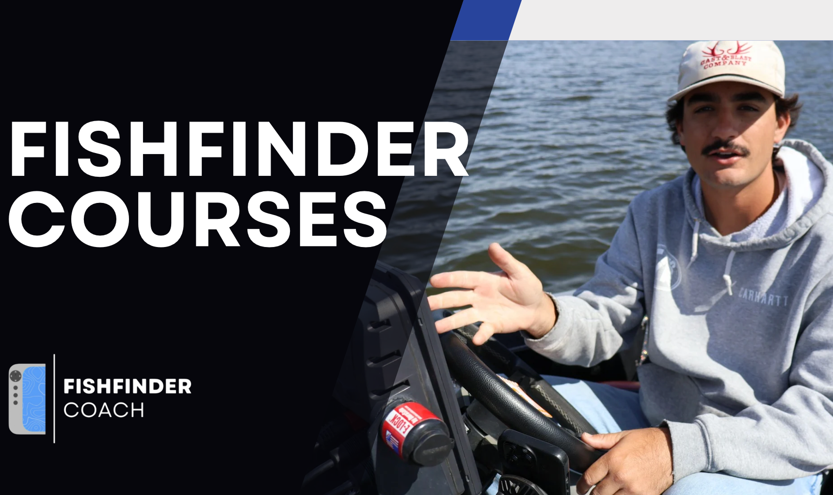 Cover image of Fishfinder Coach Hugh Cosculluela gesturing to a fishfinder with white text saying Fishfinder Courses.