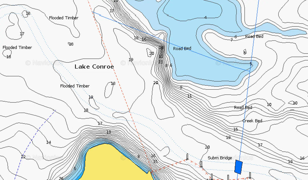 Topographic map of Lake Conroe with labeled features and elevations.