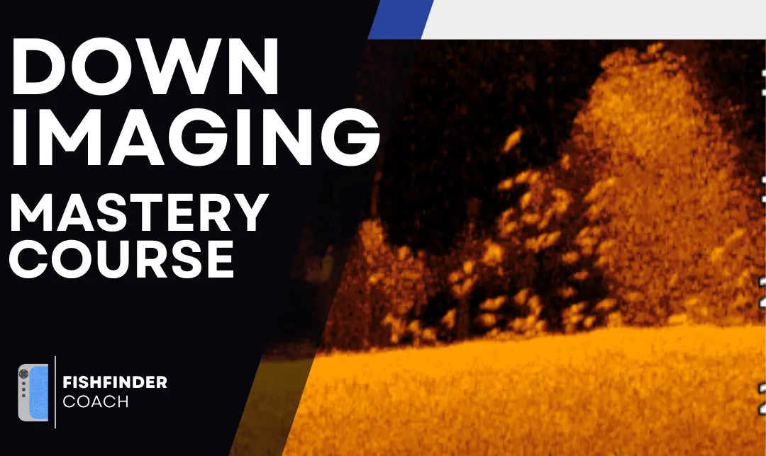 Down Imaging Mastery Course cover with sonar screenshot showing rocky bottom structure in orange-tinted down imaging view