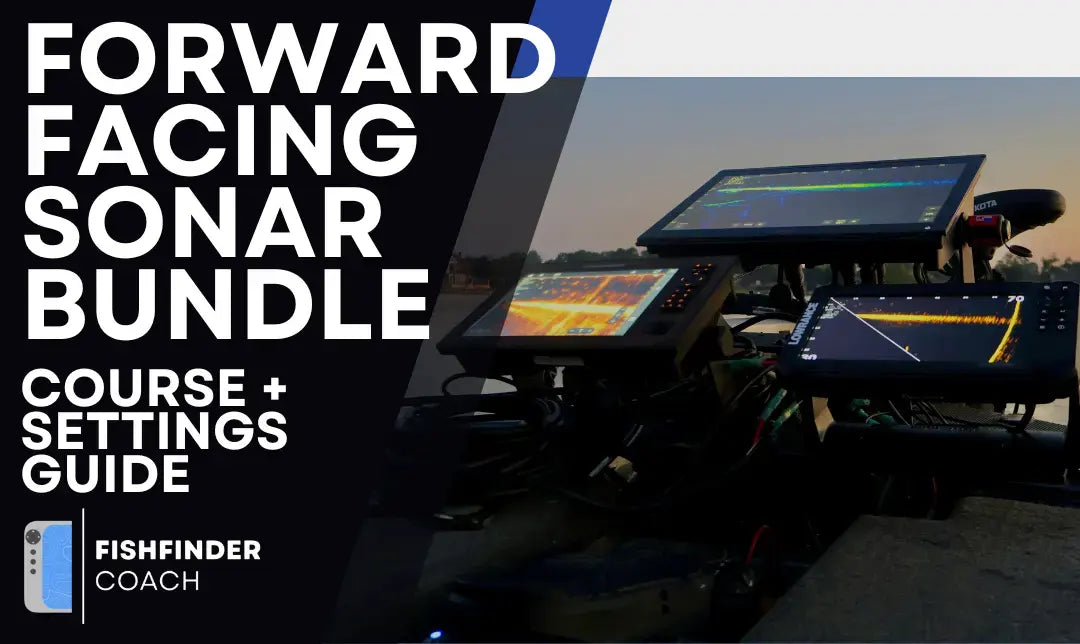 Forward Facing Sonar Bundle course and settings guide cover with boat dashboard screens showing sonar readings