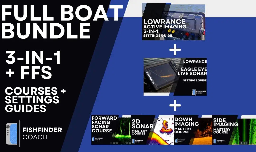 Promotional graphic for a 'Full Boat Bundle' with courses and settings guides for lowrance active imaging and eagle eye on a blue and black background.