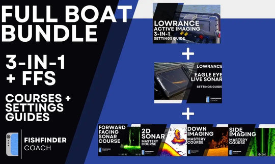 Promotional graphic for a 'Full Boat Bundle' with courses and settings guides for lowrance active imaging and eagle eye on a blue and black background.