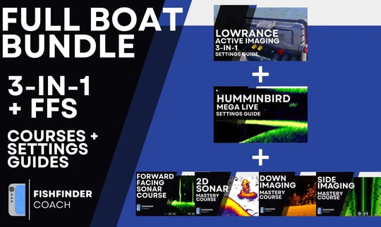 Promotional graphic for a 'Full Boat Bundle' with courses and settings guides for lowrance active imaging and humminbird mega live on a blue and black background.