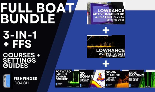 Promotional graphic for a 'Full Boat Bundle' with Lowrance  active target and active imaging hd product images and text.