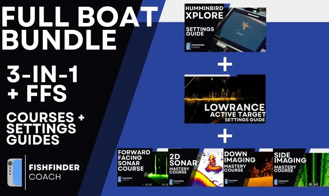 Promotional graphic for a 'Full Boat Bundle' with courses and settings guides for humminbird xplore and lowrance active target  on a blue and black background.