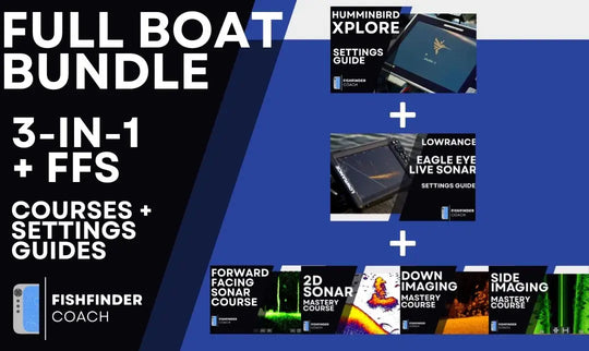 Promotional graphic for a 'Full Boat Bundle' with courses and settings guides for Lowrance eagle eye and humminbird xplore on a blue and black background.