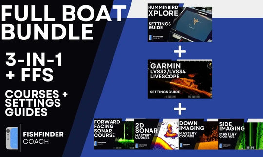 Promotional graphic for a 'Full Boat Bundle' with courses and settings guides for humminbird xplore and garmin livescope on a blue and black background.