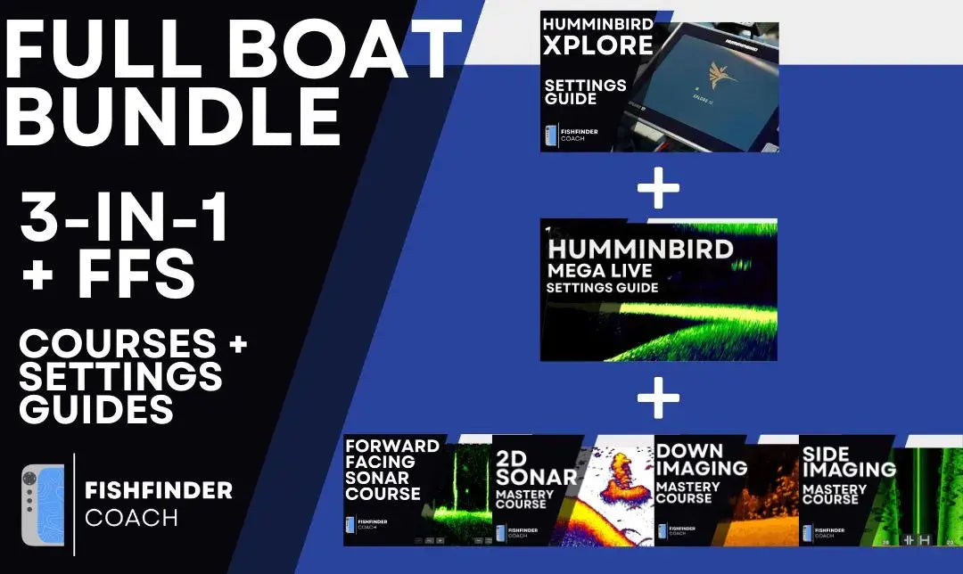 Promotional graphic for a 'Full Boat Bundle' with courses and settings guides  for humminbird compact mega imaging and mega live on a blue and black background.