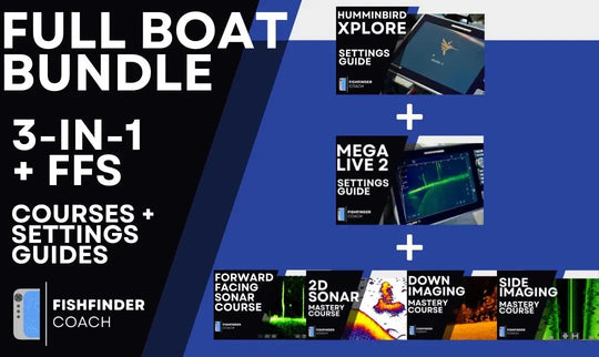 Promotional graphic for a 'Full Boat Bundle' with courses and settings guides for humminbird compact imaging and mega live 2 on a blue and black background.
