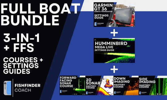 Promotional graphic for a 'Full Boat Bundle' with courses and settings guides for gt36 and mega live on a blue and black background.