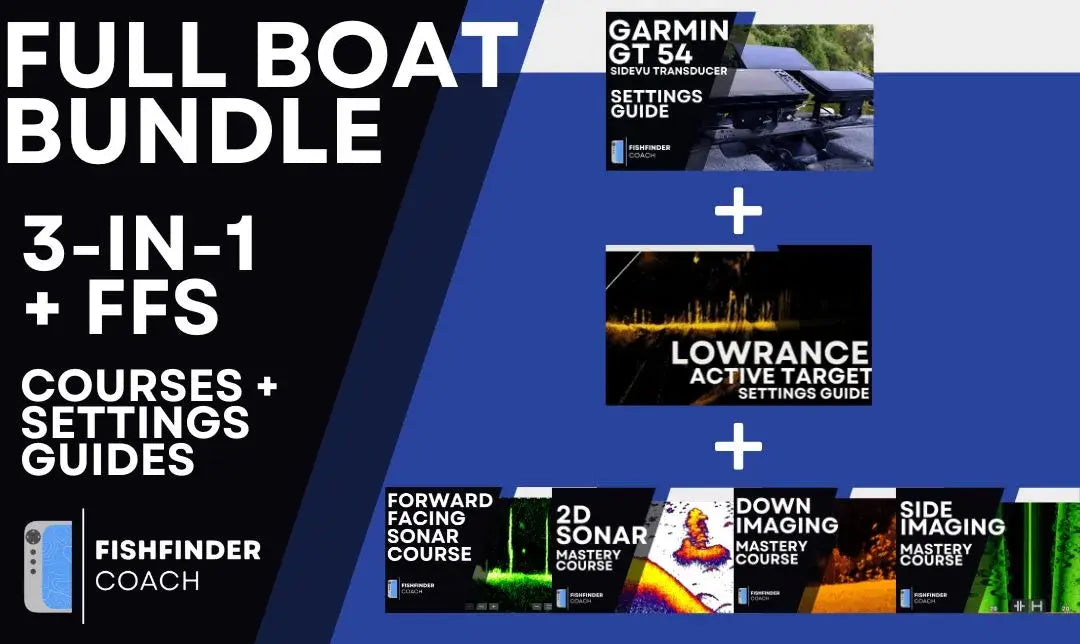 Promotional graphic for a 'Full Boat Bundle' with various video courses and  guides for garmin gt54 and lowrance active target  on a blue and black background.