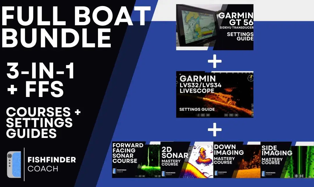 Promotional graphic for a 'Full Boat Bundle' with courses and settings guides for GT56 and livescope on a blue and black background.