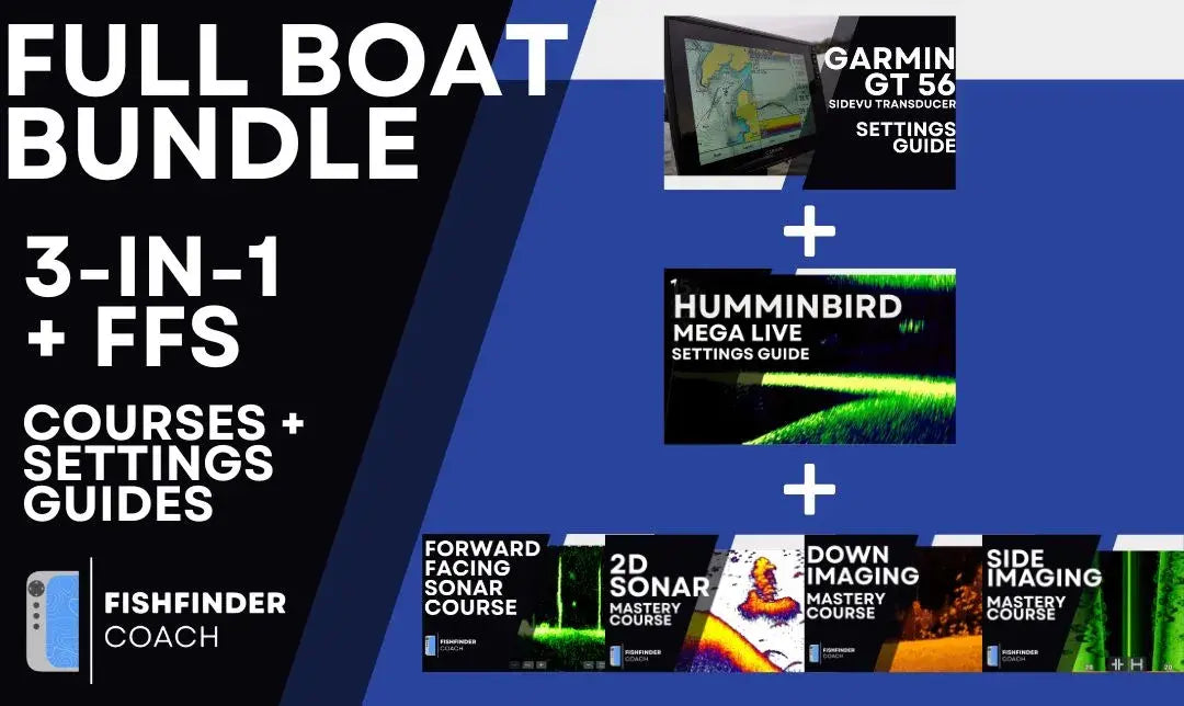Promotional graphic for a 'Full Boat Bundle' with video courses and guides for garmin gt56 and humminbird mega live on a blue and black background.