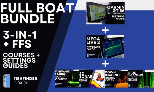 Full boat bundle with courses, settings guides for gt56 and mega live 2, and fishfinder coach on a blue and black background.