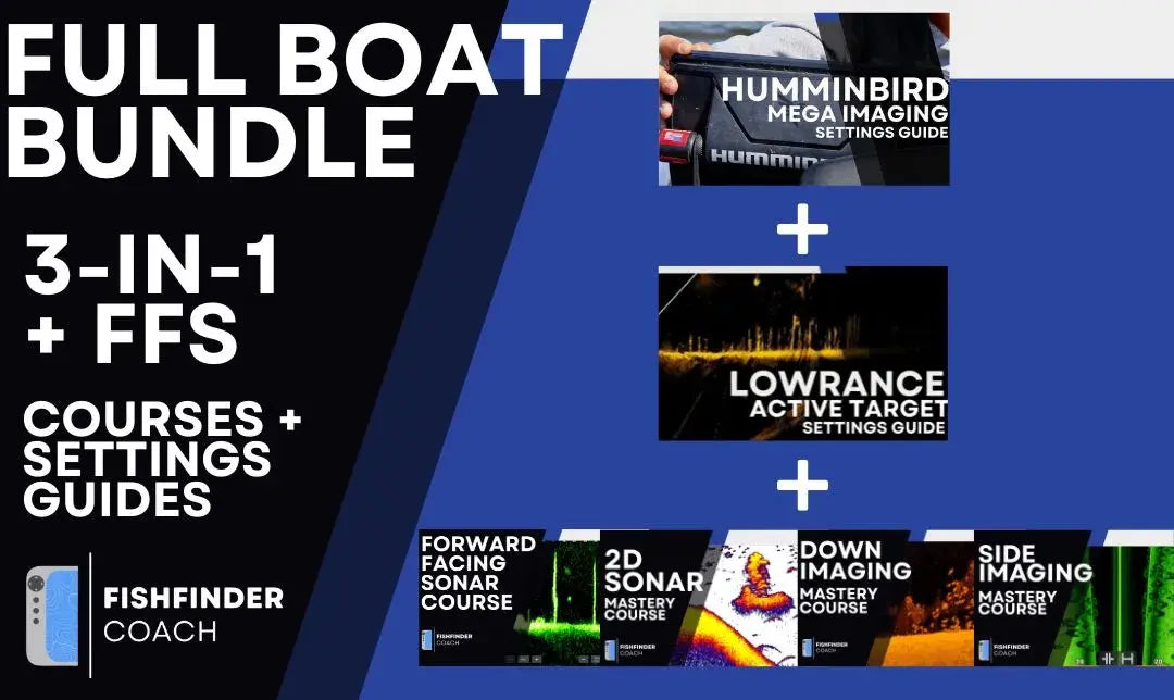 Promotional graphic for a 'Full Boat Bundle' with courses and settings guides for mega imaging and lowrance active target  on a blue and black background.