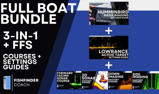 Promotional graphic for a 'Full Boat Bundle' with courses and settings guides for mega imaging and lowrance active target  on a blue and black background.