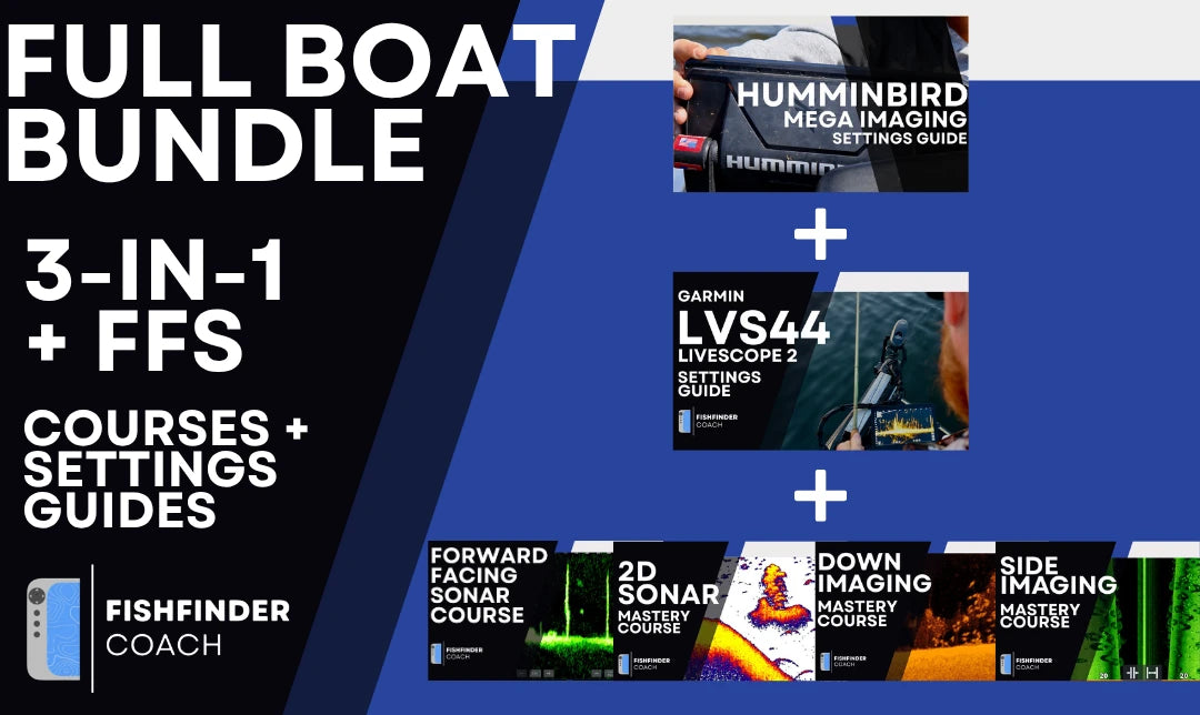 Full Boat Bundle with Mega Imaging and Garmin LVS44 PDF Settings Guides plus four sonar video courses