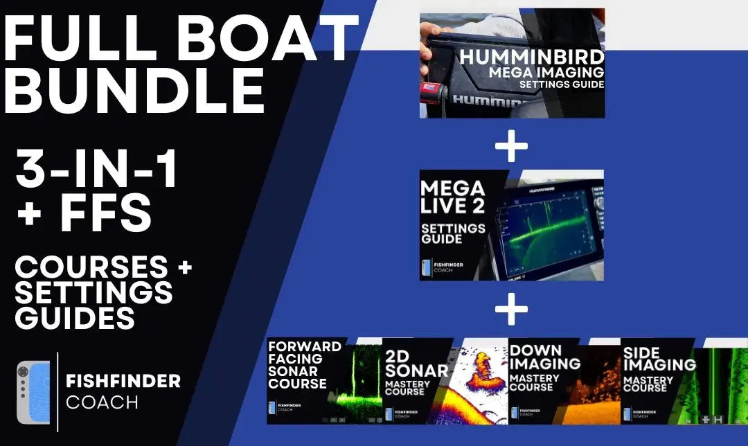 Promotional graphic for a 'Full Boat Bundle' with courses, settings guides for humminbird mega aiming and mega live 2, and Fishfinder Coach branding.