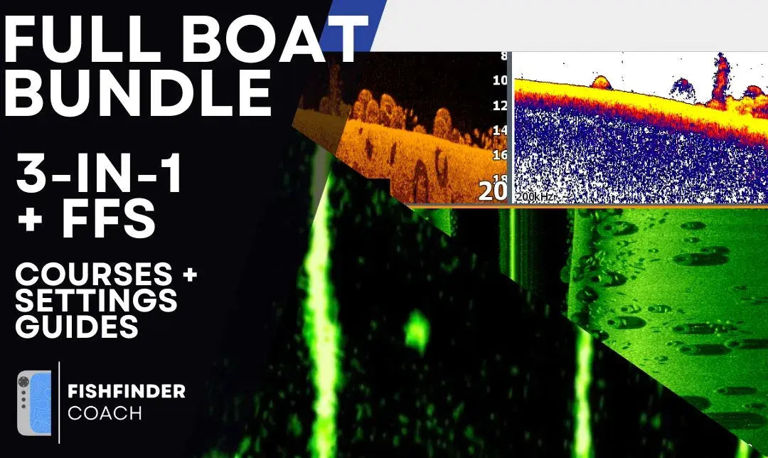 Sonar screen with fish arch at 20 feet, overlaid with "FULL BOAT BUNDLE" text and Fish Finder Coach logo, promoting video