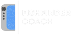 Fishfinder with blue screen and 'Fishfinder Coach' text on a white background