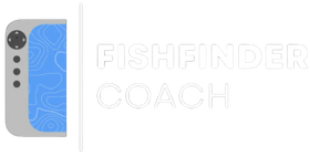 Fishfinder with blue screen and 'Fishfinder Coach' text on a white background