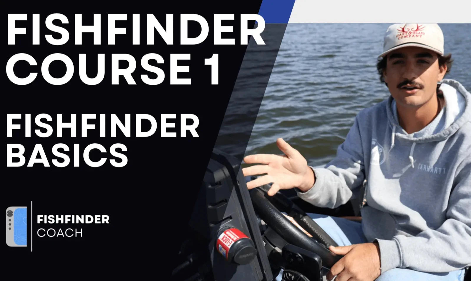 Person in a boat with a fishfinder, text 'Fishfinder Course 1: Fishfinder Basics' on a black background.