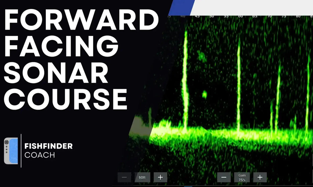 Fishfinder screen with sonar display and text 'Forward Facing Sonar Course' on a black background.