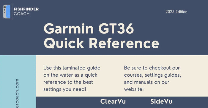 Garmin GT36 Quick Reference guide with Fishfinder Coach branding on a blue background