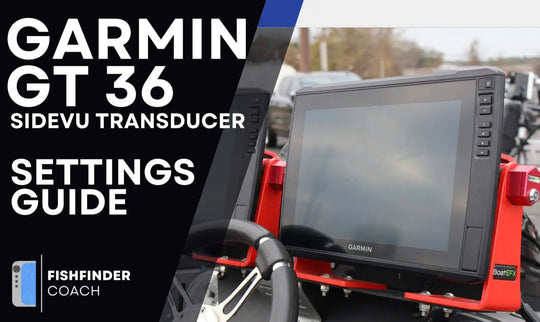 Garmin GT 36 Sidevu Transducer with settings guide text overlay