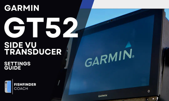 Garmin fishfinder displaying startup logo, GT52 SideVu transducer settings guide cover from Fishfinder Coach