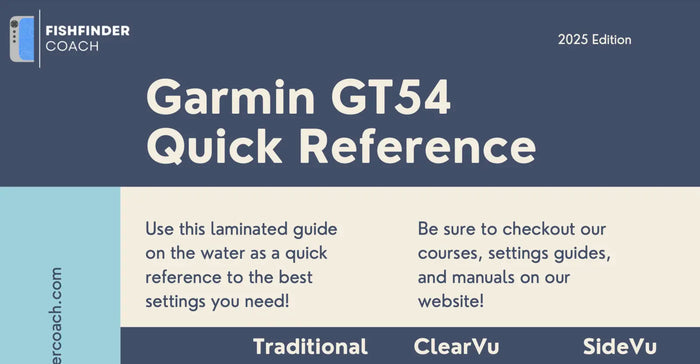 Garmin GT54 Quick Reference guide with Fishfinder Coach branding on a blue and gray background.