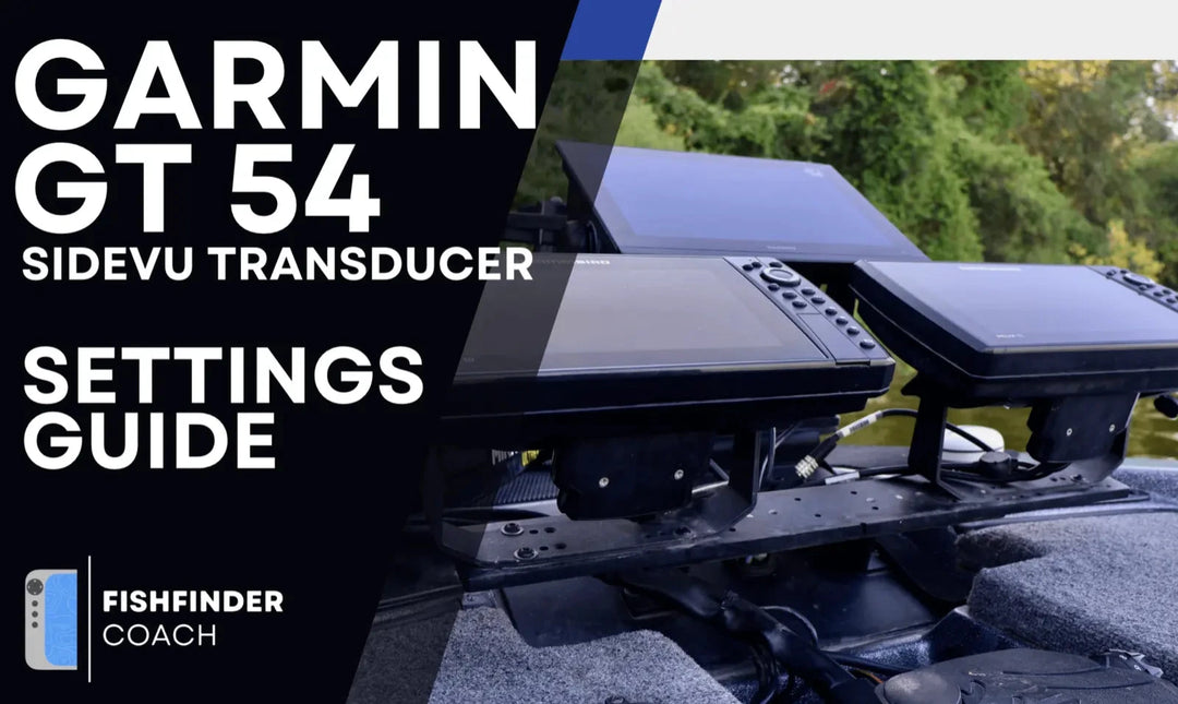 Garmin GT 54 Sidevu Transducer with text overlay on a blurred outdoor background
