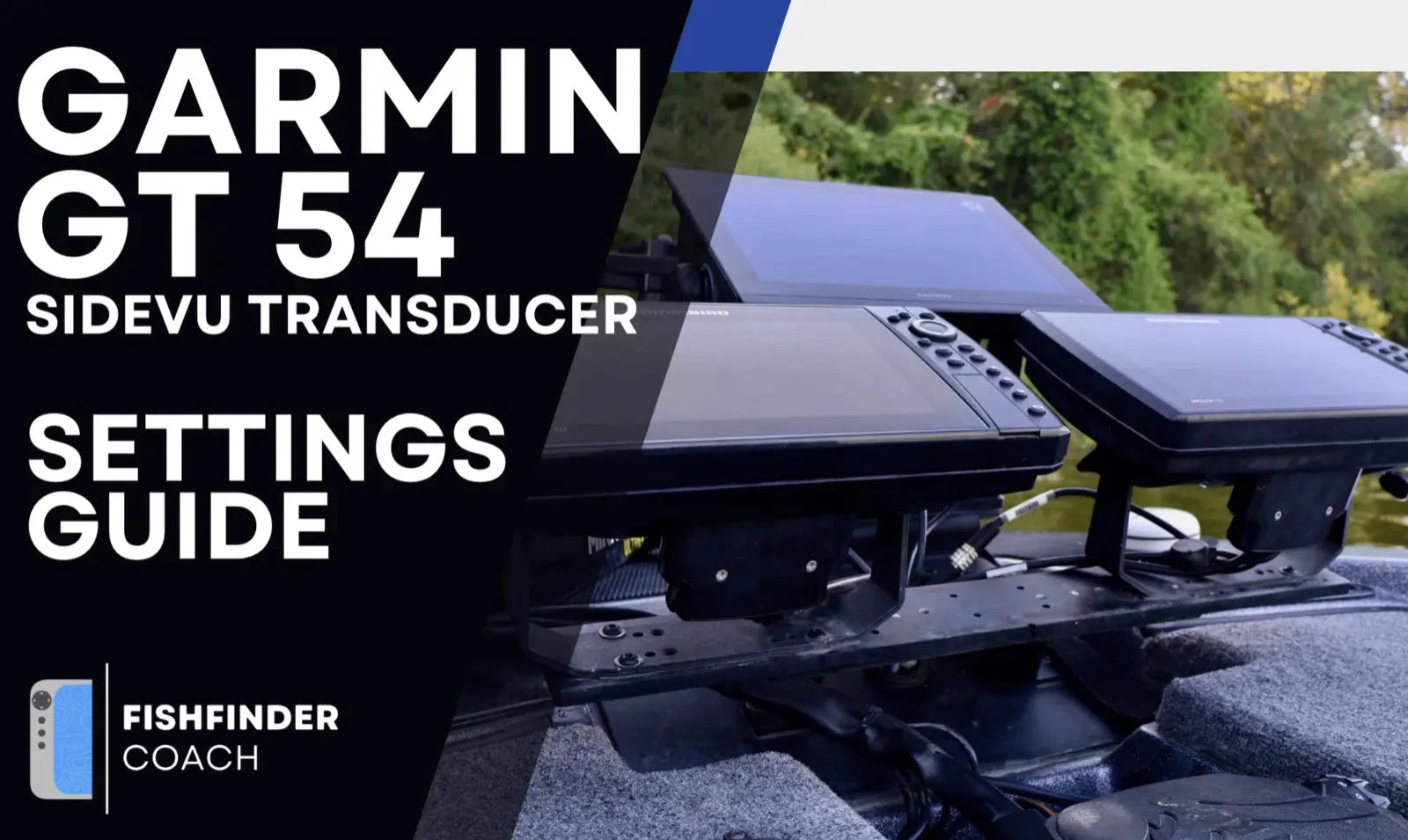 Garmin GT 54 Sidevu Transducer with text overlay on a blurred outdoor background