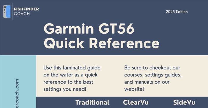 Garmin GT56 Quick Reference guide with Fishfinder Coach branding on a blue and gray background.