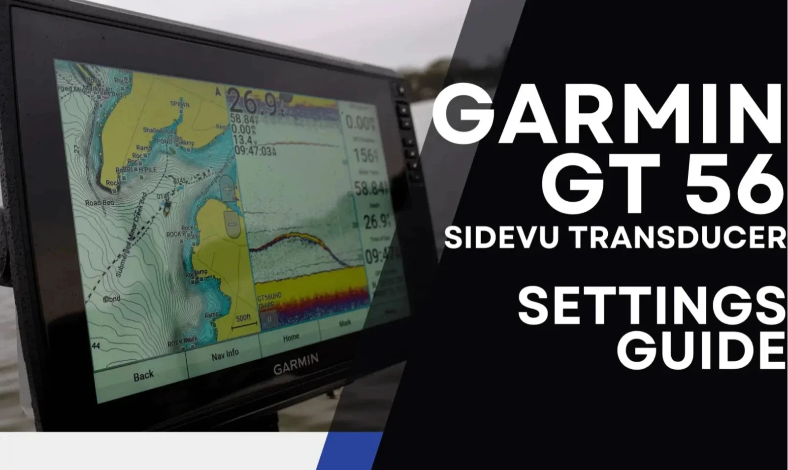 Garmin GT 56 Sidevu Transducer settings guide with screen displaying map and text.